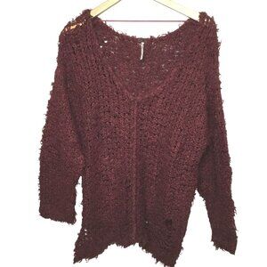 FREE PEOPLE Up the Ladder Distressed Pullover Sweater XS Burgundy Boho Textured
